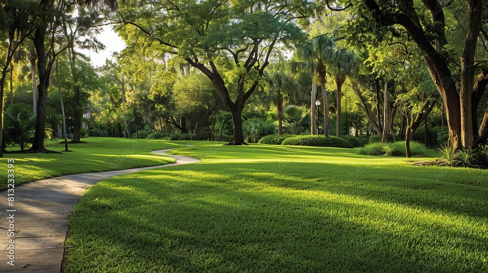 Obraz premium tranquil park scene with lush grass towering trees and winding paths an inviting urban oasis for relaxation and recreation