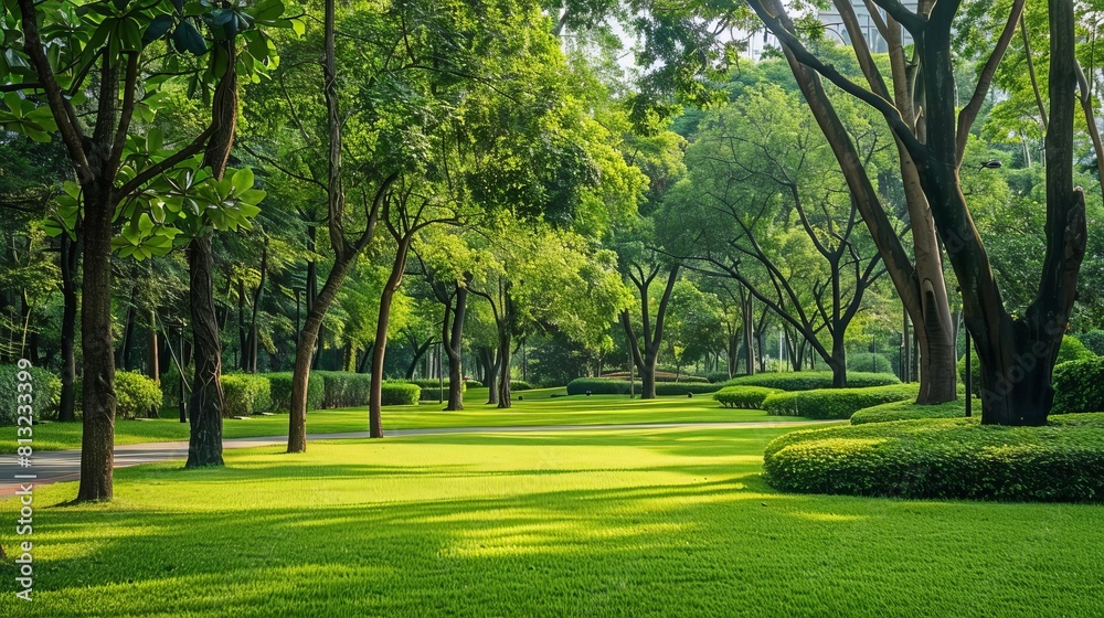 Fototapeta premium tranquil park scene with lush grass towering trees and winding paths an inviting urban oasis for relaxation and recreation