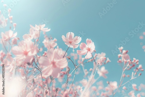 delicate pastel spring flowers dancing gracefully against a vivid clear blue sky dreamy ethereal summer aesthetic concept illustration soft focus background