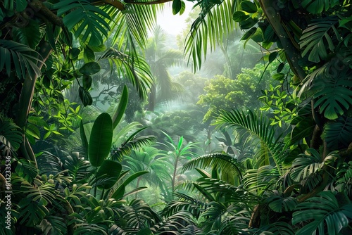 dense jungle foliage with lush plants framing the sides tropical rainforest landscape panorama