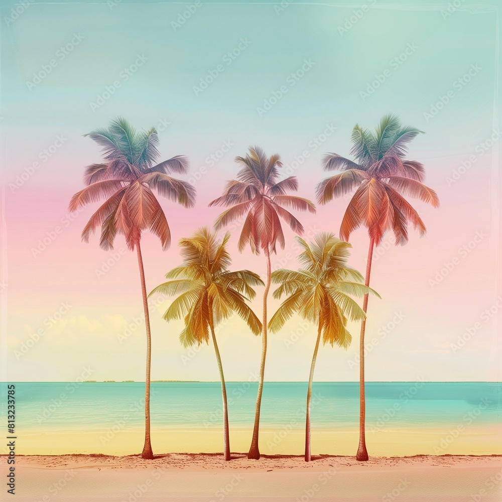 This image depicts a serene tropical beach with five palm trees against a pastel-colored sunset sky, evoking a calm and peaceful atmosphere This image depicts a serene tropical beach with five palm trees against a pastel-colored sunset sky, evoking a calm and peaceful atmosphere