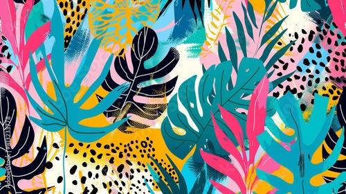 Abstract seamless pattern with tropical leaves  leopard print and abstract shapes in vibrant colors. Colorful illustration. 