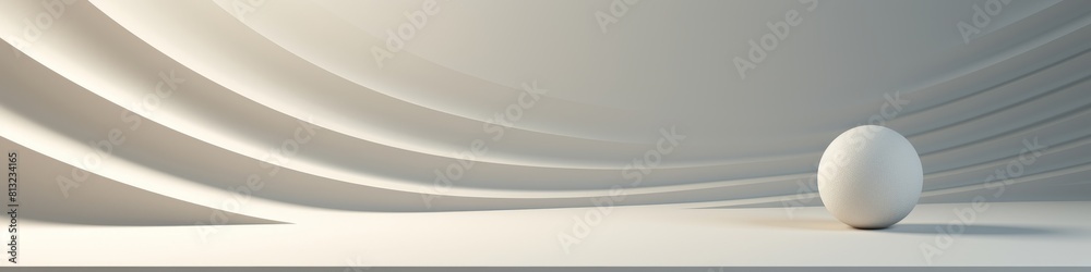 A white sphere or ball is positioned on a white table against a minimalist background, banner