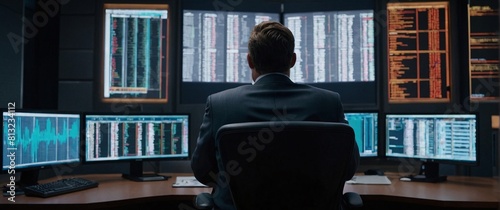  businessman, their back presented in a half-turn, wearing suits in an office, seated in front of a commanding monitor, engrossed in the process of deciphering intricate lines of code. Employ a wide-a