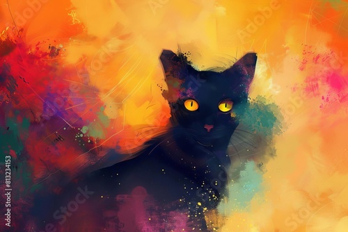 artistic digital illustration of mysterious black cat with luminous eyes set against vibrant abstract background © furyon