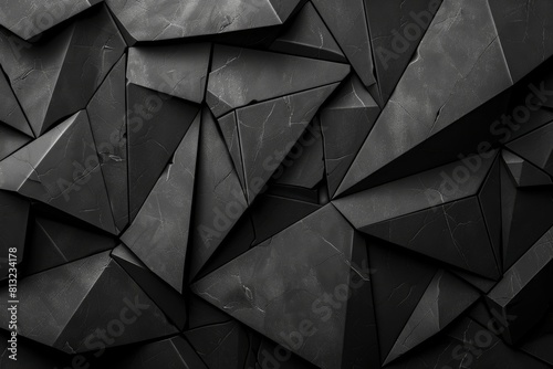 Black white dark gray abstract background. Geometric pattern shape. Line triangle polygon angle. Gradient. Shadow. Matte. 3d effect. Rough grain grungy. Design. Template. Presentation - generative ai