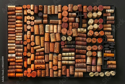 artistic wine cork collection arranged in visually appealing layout oenology hobby background photo