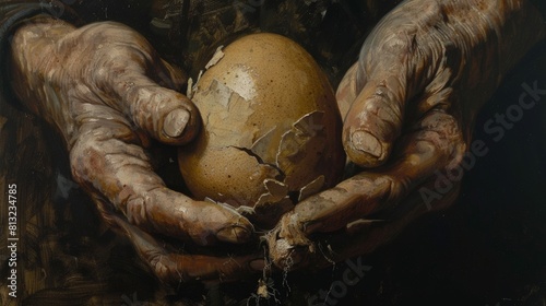 A painting of a man holding an egg with his hands