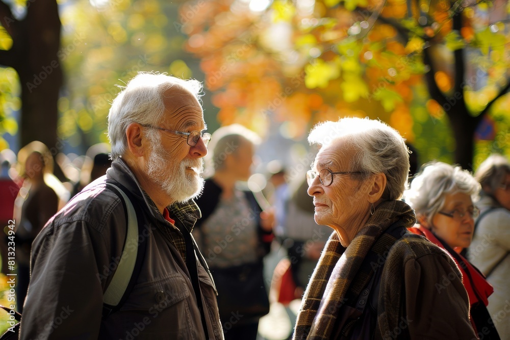 Portrait of an elderly couple walking in the autumn park on a sunny day