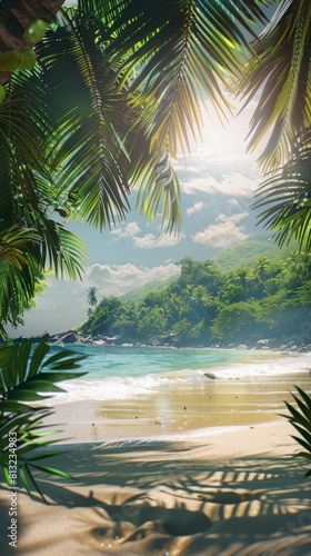 Tropical beach scene with palm trees and a clear blue ocean. Generative AI.