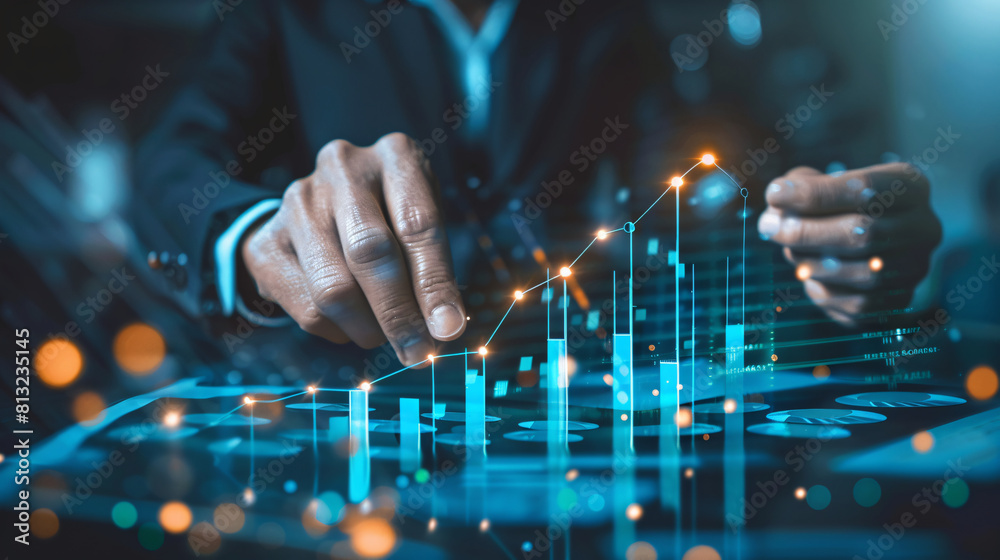 bussines man pointing market data high tech style hologram graphic graph and statistic market data analysis and reporting bussines man pointing market data high tech style hologram graphic graph and statistic market data analysis and reporting