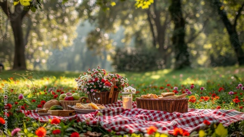 summer picnic aesthetic  the picnic blanket  featuring flowers and food baskets  sets the perfect scene for a picturesque summer outing