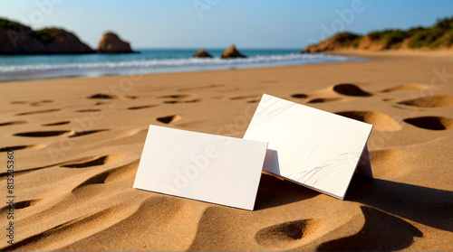 Two blank business cards on the sand beach with sea in the background