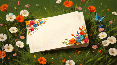 Blank greeting card with butterfly and daisies in the meadow