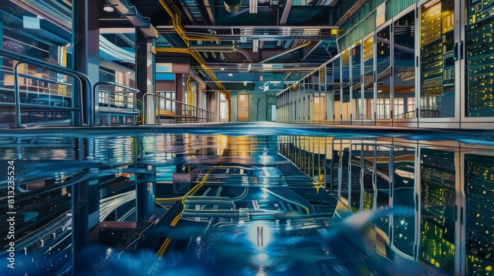 A painting of a swimming pool with a city skyline in the background