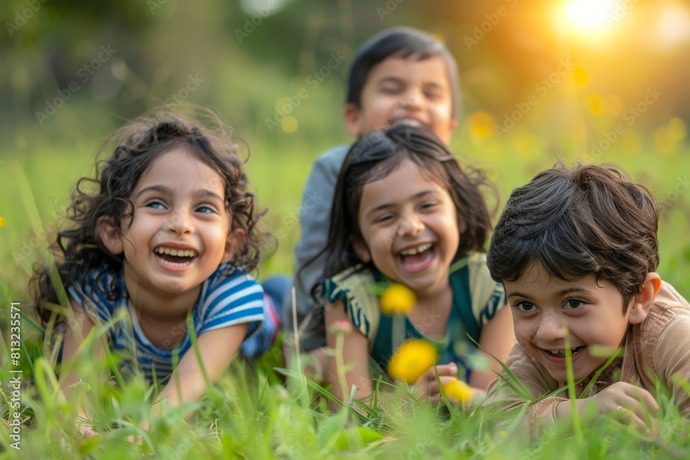 Group of happy children lying on the grass in the park and laughing Group of happy children lying on the grass in the park and laughing