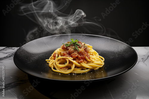 A front view shot of chef made pasta spaghetti in a sleek, black ceramic plate, placed on a black marble table.
