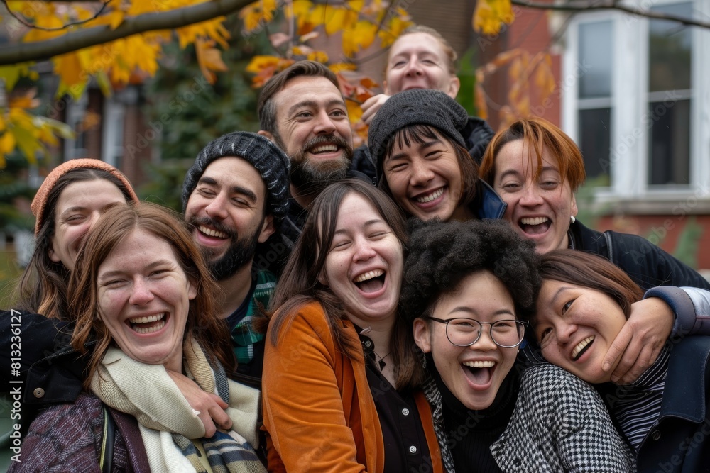 Group of friends laughing and having fun in the park in autumn. Group of friends laughing and having fun in the park in autumn.