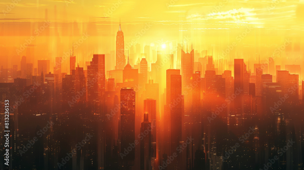 A breathtaking cityscape illuminated by a golden sunset, showcasing skyscrapers under a vibrant sky.