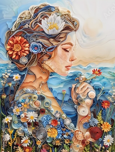 A Woman Immersed in the BaroqueInspired Art of Paper Quilling on a Golden Summer Afternoon photo