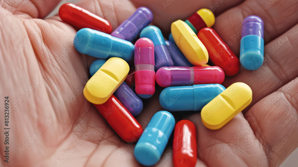 Close-up of colorful pills in a hand, emphasizing pharmaceutical care and medication management Close-up of colorful pills in a hand, emphasizing pharmaceutical care and medication management