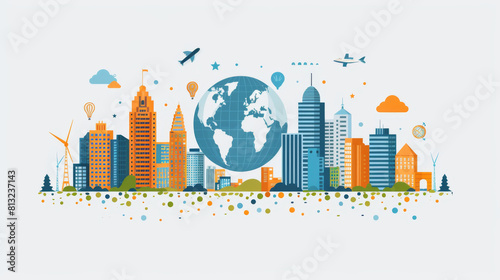 Illustration showcasing global urban development with diverse buildings and transportation under a large globe.