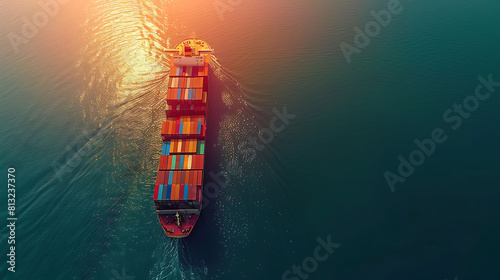 Aerial view container ship business import export logistic and transportation of international by container cargo ship in the open sea, Marine cargo freight shipping