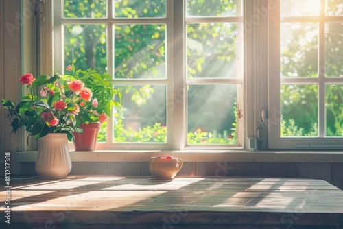 inviting warm kitchen with rustic wood table vibrant fresh flowers and expansive windows letting in abundant natural light cozy interior illustration homey relaxed atmosphere © furyon