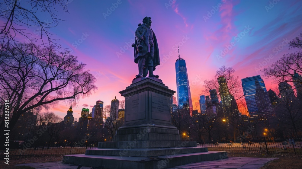 A statue of a man stands on a building in a city at dusk