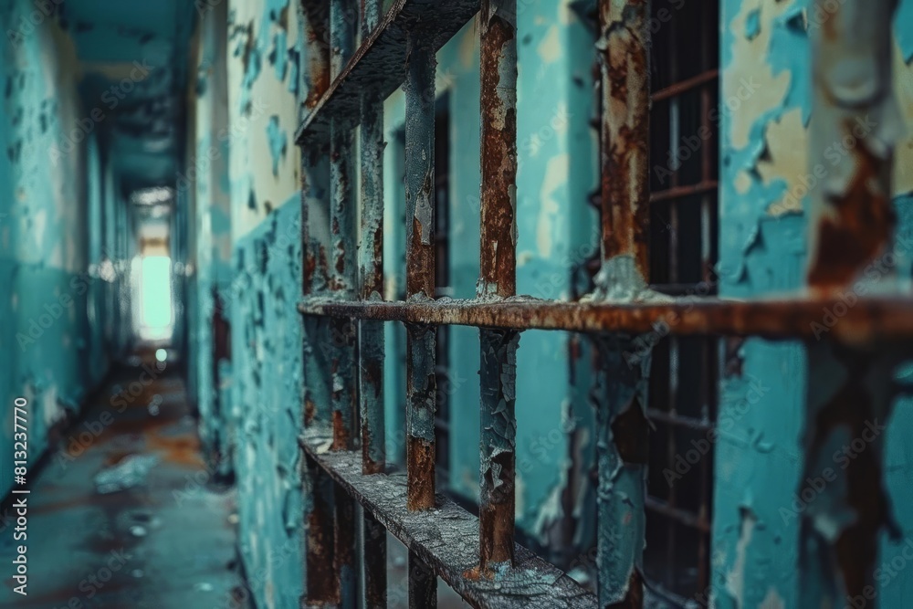 eerie abandoned prison with rusted bars and peeling paint haunting atmosphere selective focus