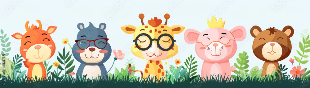 Illustration of adorable cartoon animals standing together in a grassy field, smiling and waving. Illustration of adorable cartoon animals standing together in a grassy field, smiling and waving.