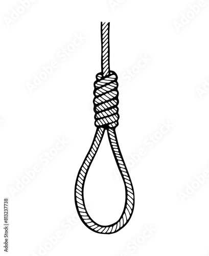 Noose, rope. Vector illustration on white background. Symbol of suicide, hanging, death. Line art