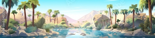 A river winding through a desert oasis, surrounded by palm trees and rocks, in a low poly style imitation. Banner. photo