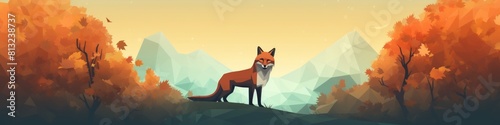 Low poly style imitation fox in a forest with a geometric backdrop of trees. Banner. photo