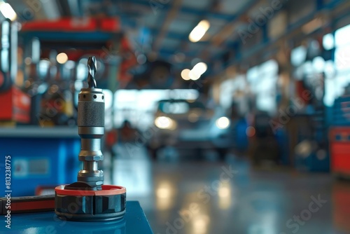 auto mechanics workshop with focus on drill and toolbox blurred car in background garage scene photo