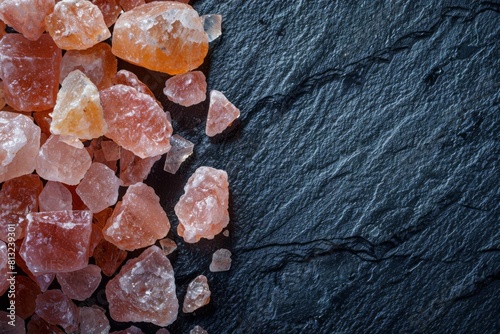 glistening pink himalayan salt crystals on dark textured surface abstract photo