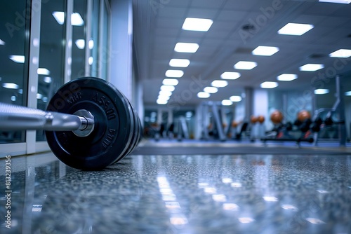 barbell on gym floor weightlifting equipment in fitness center