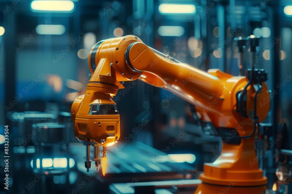 glowing robotic arm in futuristic manufacturing plant industry 40 smart factory concept