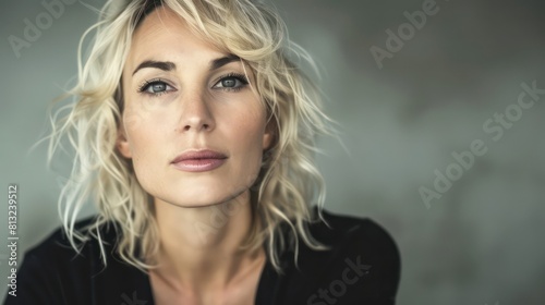 blonde woman in her thirties, 30s, looking at camera with neutral expression and slight smile on face, blurred background