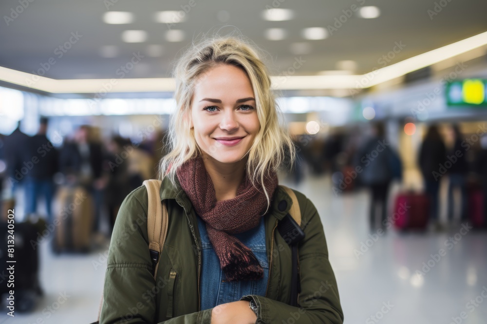 Travel-Ready Fashionista Strikes a Pose in the Busy Terminal of a Global Airport with Aircraft in the Background