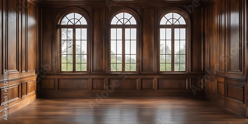  empty room with dark wood paneling and window  Luxury wood paneling background or texture. highly crafted classic or traditional wood paneling  with a frame pattern 