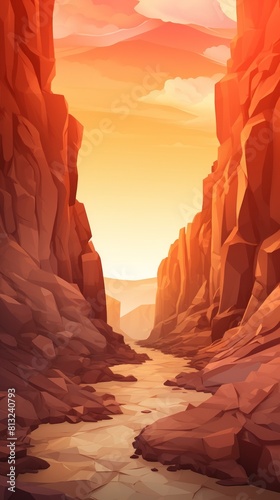 Low poly style imitation cartoon canyon with a river flowing through it in a geometric style