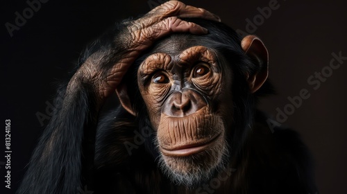 chimpanzee with a hand on its head against a black background  © BALLERY ART