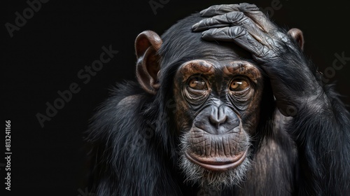 chimpanzee with a hand on its head against a black background  © BALLERY ART