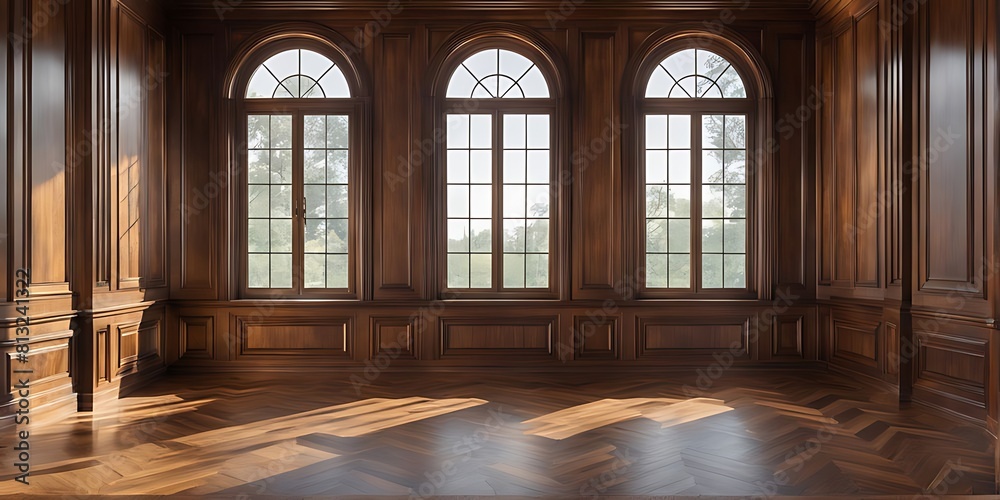  empty room with dark wood paneling and window, Luxury wood paneling background or texture. highly crafted classic or traditional wood paneling, with a frame pattern 