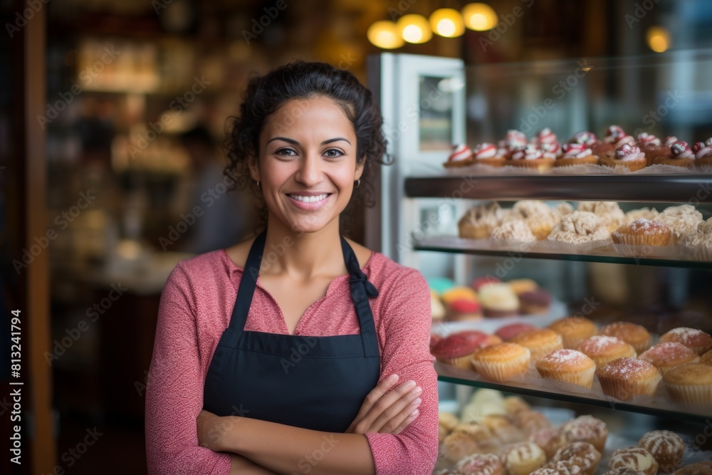 A Joyful Bakery Owner Poses Before the Charming Facade of Their Artisanal Pastry Shop