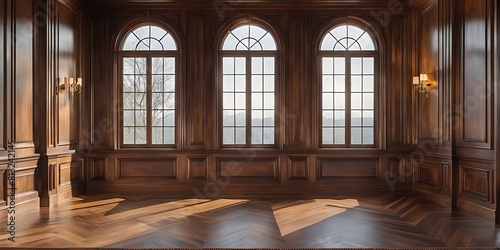  empty room with dark wood paneling and window  Luxury wood paneling background or texture. highly crafted classic or traditional wood paneling  with a frame pattern 