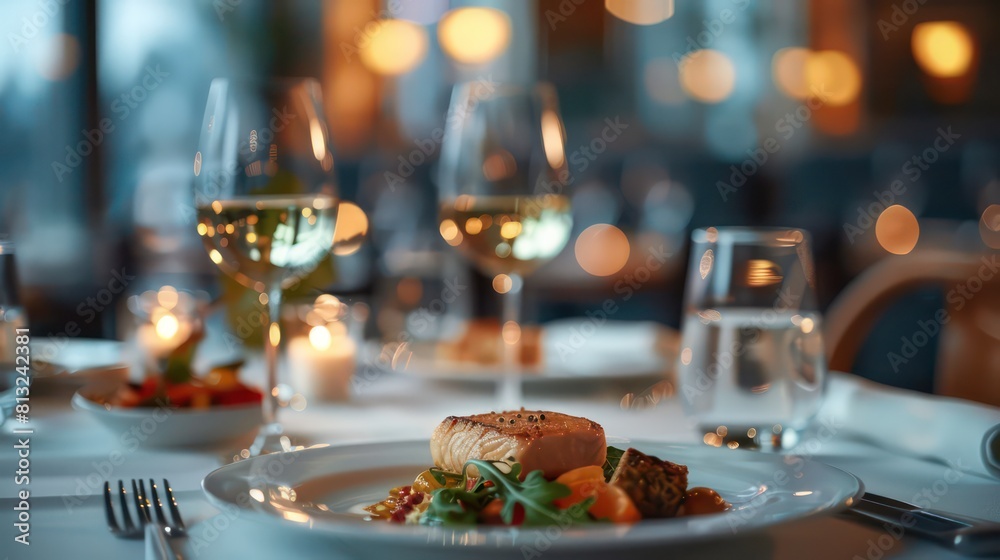 dinner table at a high-end restaurant, elegant dishes with soft lighting