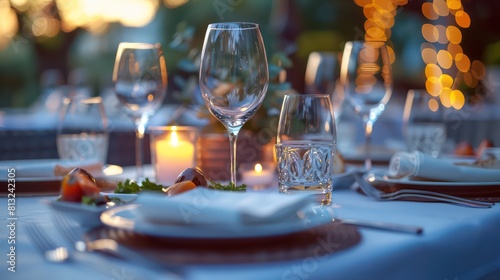 dinner table at a high-end restaurant  elegant dishes with soft lighting