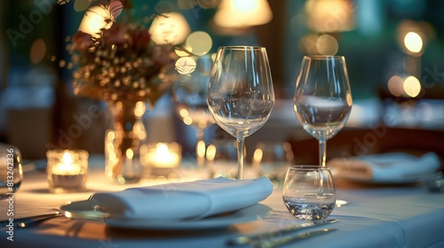 dinner table at a high-end restaurant, elegant dishes with soft lighting © BALLERY ART